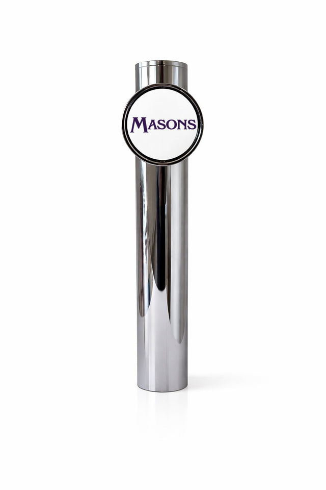 Harry Mason Alpha single beer font in chrome with circular branding pod, shown without a tap