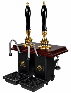 Harry Mason two-pull Aston beer engine with brass metalwork, mahogany plinth and black shaped handles, view one, stainless steel swan-neck spouts
