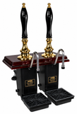 Harry Mason two-pull Shakespeare cylinderless beer engine with brass metalwork, mahogany plinth and black shaped handles, view three, stainless steel swan-neck spouts
