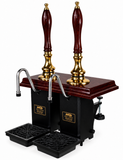 Harry Mason two-pull Aston beer engine with brass metalwork, mahogany plinth and mahogany handles, stainless steel swan-neck spouts