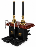 Harry Mason two-pull Shakespeare cylinderless beer engine with brass metalwork, mahogany plinth and straight black handles, stainless steel swan-neck spouts
