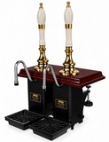 Harry Mason two-pull Aston beer engine with brass metalwork, mahogany plinth and white crackled truncheon handles, stainless steel swan-neck spouts