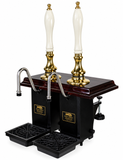 Harry Mason two-pull Aston beer engine with brass metalwork, mahogany plinth and white handles, stainless steel swan-neck spouts