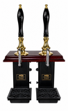 Harry Mason two-pull Aston beer engine with brass metalwork, mahogany plinth and black shaped handles, view two, stainless steel swan-neck spouts
