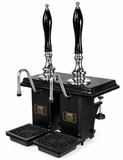 Harry Mason two-pull Shakespeare cylinderless beer engine with chrome metalwork, black plinth and black shaped handles, stainless steel swan-neck spouts