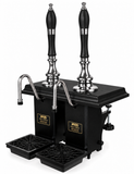 Harry Mason two-pull Shakespeare cylinderless beer engine with chrome metalwork, black plinth and black wooden truncheon handles, stainless steel swan-neck spouts