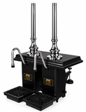 Harry Mason two-pull Aston beer engine with chrome metalwork, black plinth and straight chrome handles, stainless steel swan-neck spouts