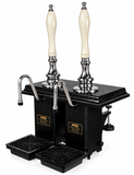 Harry Mason two-pull Shakespeare cylinderless beer engine with chrome metalwork, black plinth and cream handles, stainless steel swan-neck spouts