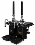 Harry Mason two-pull Aston beer engine with chrome metalwork, black plinth and straight black handles, stainless steel swan-neck spouts