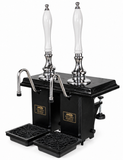Harry Mason two-pull Shakespeare cylinderless beer engine with chrome metalwork, black plinth and white handles, stainless steel swan-neck spouts