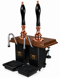 Harry Mason two-pull Shakespeare cylinderless beer engine with copper metalwork, oak plinth and black shaped handles, stainless steel swan-neck spouts