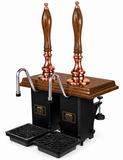 Harry Mason two-pull Aston beer engine with copper metalwork, oak plinth and oak handles, stainless steel swan-neck spouts