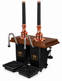 Harry Mason two-pull Shakespeare cylinderless beer engine with copper metalwork, oak plinth and straight black handles, stainless steel swan-neck spouts
