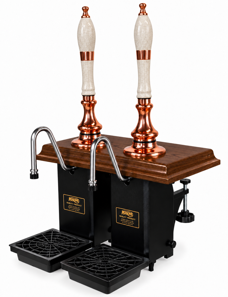 Harry Mason two-pull Shakespeare cylinderless beer engine with copper metalwork, oak plinth and white crackled truncheon handles, stainless steel swan-neck spouts