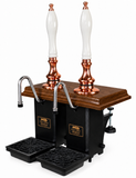 Harry Mason two-pull Shakespeare cylinderless beer engine with copper metalwork, oak plinth and white handles, stainless steel swan-neck spouts