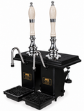 Harry Mason two-pull Shakespeare cylinderless beer engine with chrome metalwork, black plinth and white crackled truncheon handles, stainless steel swan-neck spouts