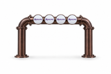 Brewhouse 4-way bridge in brushed Antique Copper, Through the Bar with circular flange feet, Masons badges, shown without taps or handles