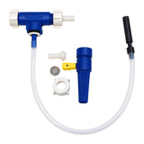 Harry Mason double flexible ale extractor with clear tube, one blue extractor body, black float, double outlet and fittings on white.