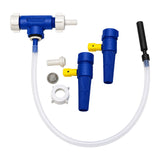Harry Mason double flexible ale extractor with clear tube, two blue extractor bodies, black float, double outlet and fittings on white.