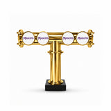 Harry Mason Brewhouse 4-way T-bar in gold with Masons badges and black clamp-on base, shown without taps