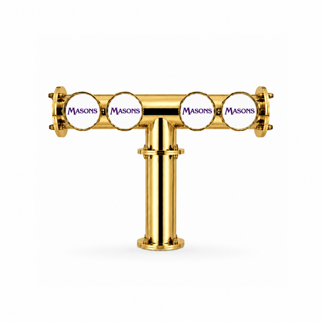 Harry Mason Brewhouse 4-way T-bar in gold with Masons badges, through-the-bar mounting, shown without taps