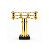 Harry Mason Brewhouse 3-way T-bar in brilliant gold, clamp-on mounting with black rectangular base, Masons badge logos, shown without taps
