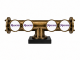 Harry Mason Brewhouse 4-way Lowline beer font in antique brass, clamp-on mounting, with four Masons badges, shown without taps