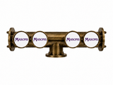 Harry Mason Brewhouse 4-way Lowline beer font in antique brass, through-the-bar mounting, with four Masons badges, shown without taps