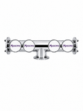 Harry Mason Brewhouse 4-way Lowline beer font in chrome, through-the-bar mounting, with four Masons badges, shown without taps