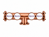 Harry Mason Brewhouse 4-way Lowline beer font in copper, through-the-bar mounting, with four Masons badges, shown without taps