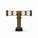 Harry Mason Brewhouse 4-way T-bar beer font in antique brass, clamp-on mounting, with Masons badges, shown without taps