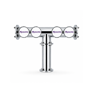 Harry Mason Brewhouse 4-way T-bar beer font in chrome, through-the-bar mounting, with Masons badges, shown without taps