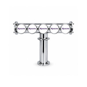 Harry Mason Brewhouse 5-way T-bar beer font in chrome, through-the-bar mounting, with Masons badges, shown without taps