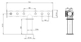 Harry Mason Brewhouse 6-way T-bar through-the-bar drawing showing 715 mm horizontal span and 317.5 mm outlet centreline height; clamp-on adds 50 mm vertically