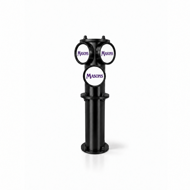 Harry Mason Brewhouse Gamma triple beer font in Black, through-the-bar mounting, with Masons badges
