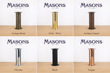 Masons drinks tower finish swatches: antique brass, gold/brass, antique copper, chrome, black and copper