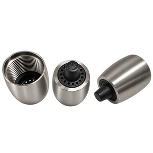 Stainless steel beer sparkler showing threaded cup, perforated insert and nozzle